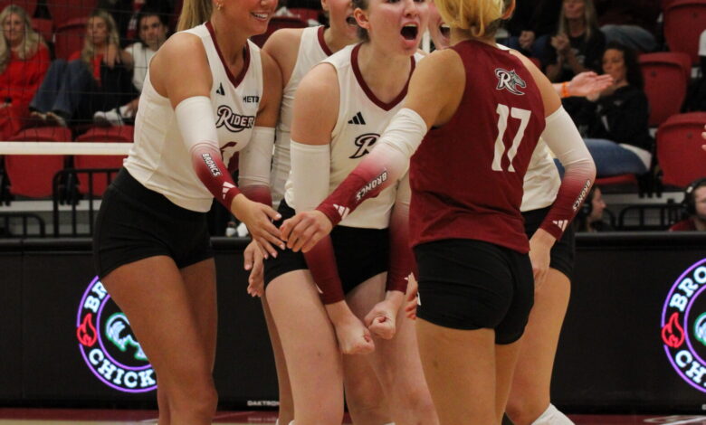 Freshman outside hitter Maisie Nawrocki celebrating a kill with her teammates. Photo by Liliana R. Basille/The Rider News.
