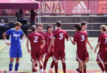 Rider men’s soccer preparing for the pre-match introductions. Photo courtesy of Steven Morano.
