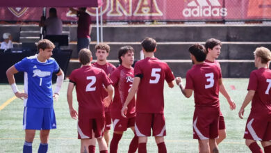 Rider men’s soccer preparing for the pre-match introductions. Photo courtesy of Steven Morano.